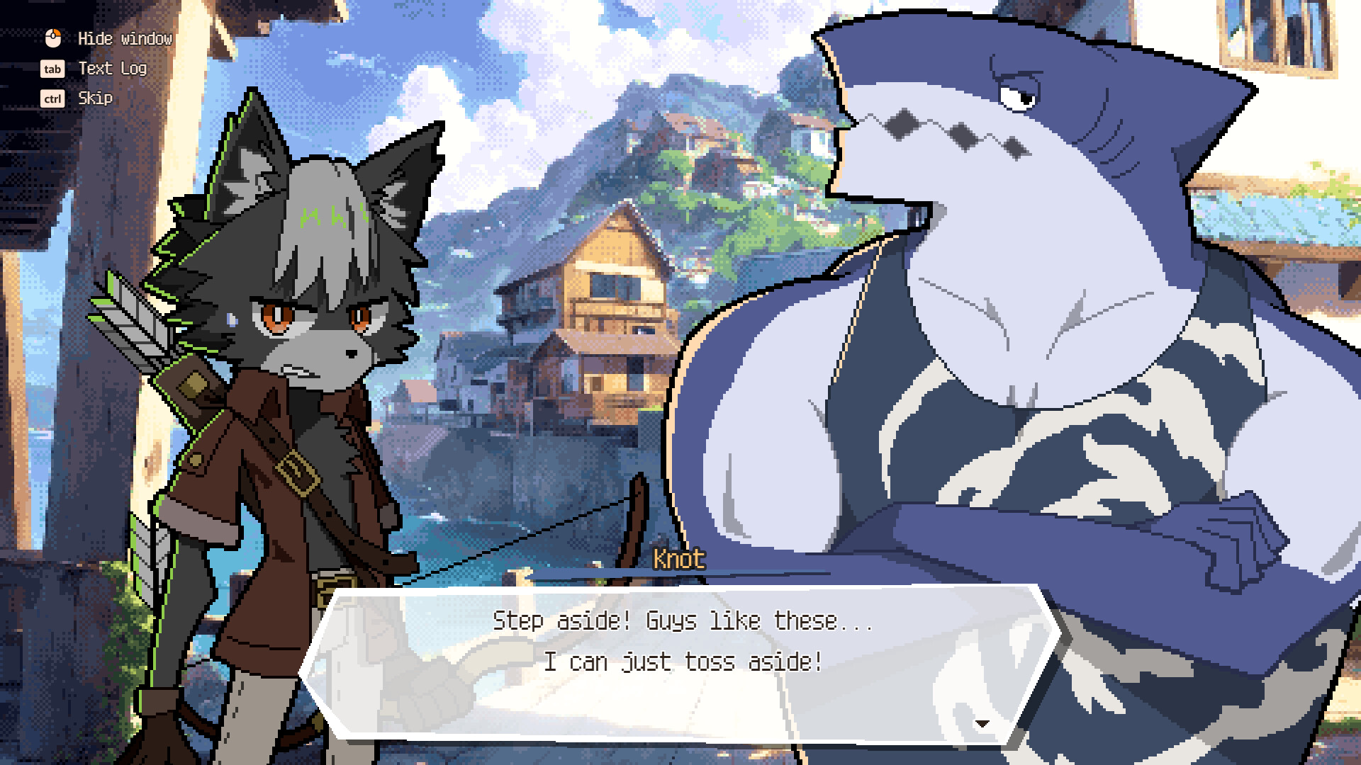 Arches the werewolf hunter and Knot the shark fisherman talking in the DRAPLINE village, with the harbour and cliffside houses behind them